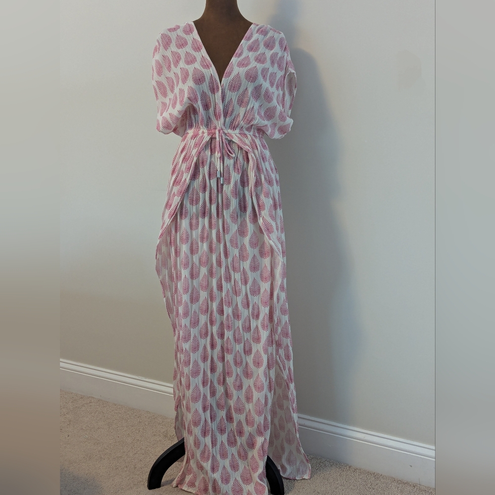 Elan Wrap Maxi Cover-Up Tunic Caftan White Pink Tropical Leaf Print Elastic, XS - Picture 4 of 10